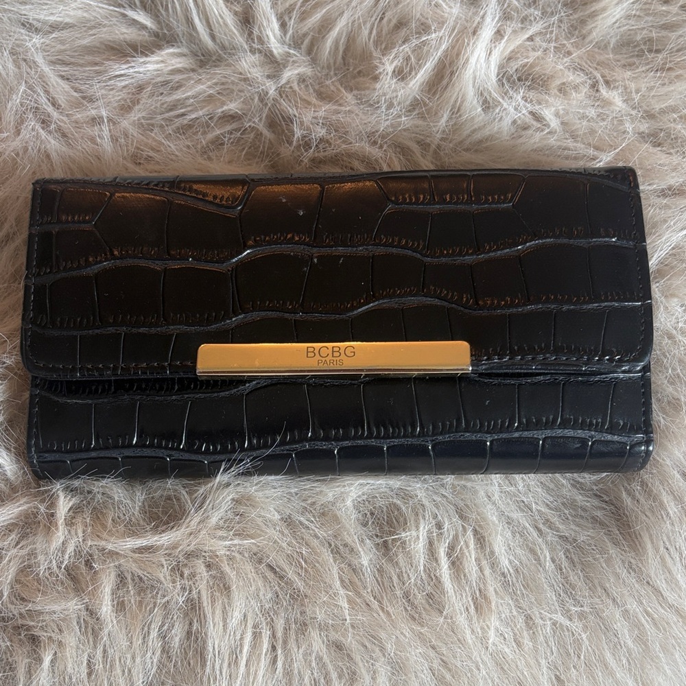 BCBG Black Croc-Embossed Leather Wallet with Gold Bar